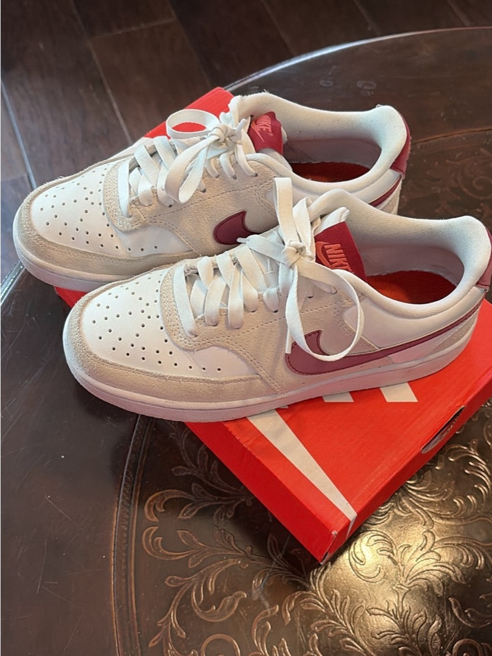 Nike White and Red Low-Top Sneakers with Pink Swoosh
